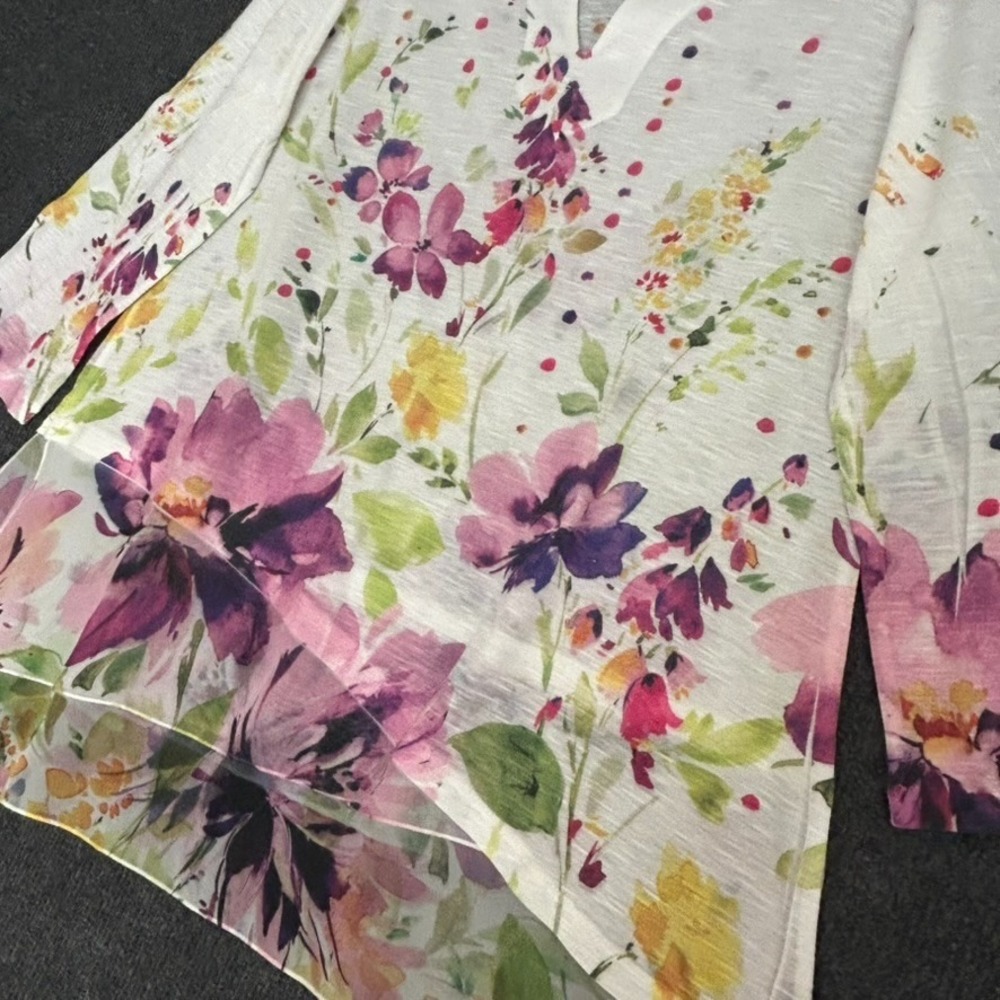 Jess & Jane Women's Large Floral Tunic Top 3/4 Sleeves Colorful Garden Artsy - Picture 3 of 9